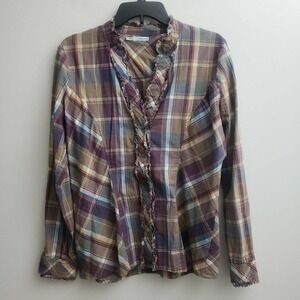 Maurices Women Button Shirt Large Brown Blue Plaid Fray Details Long Sleeves Top